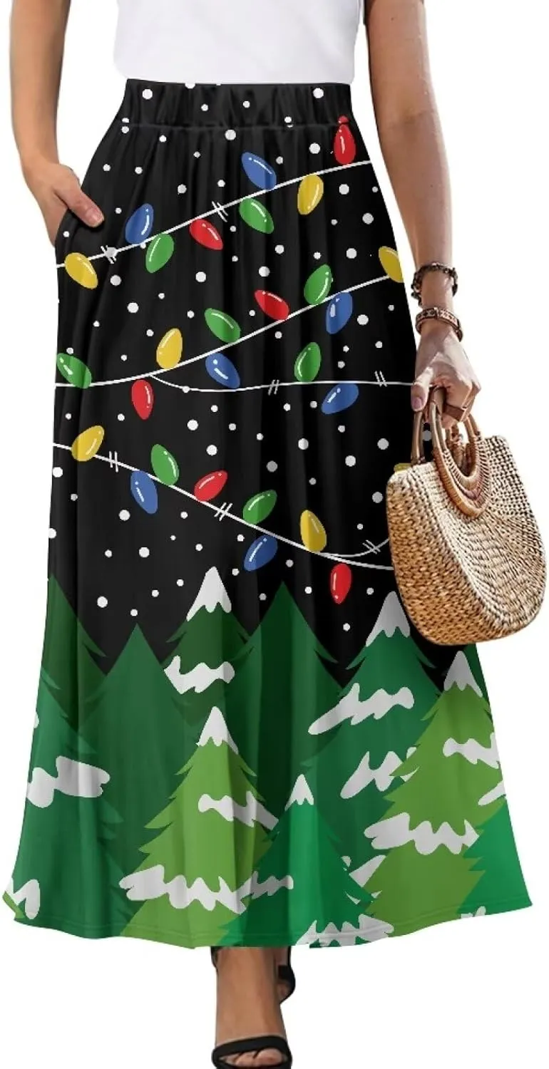 Women Elastic High Waist Skirt A-Line Pleated Swing Flowy Maxi Long Skirt Dress with Pockets Size S-2XL