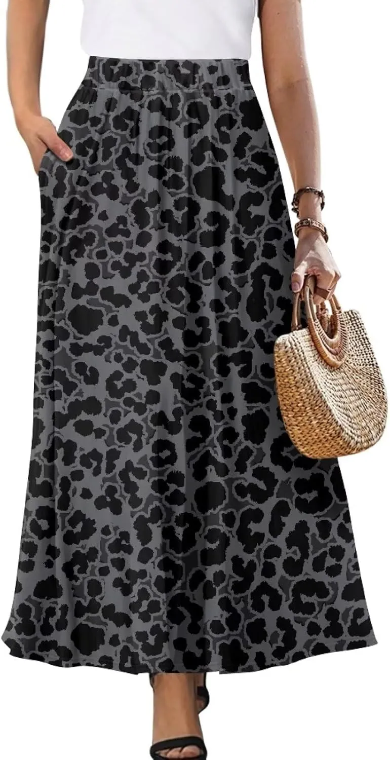 Women Elastic High Waist Skirt A-Line Pleated Swing Flowy Maxi Long Skirt Dress with Pockets Size S-2XL