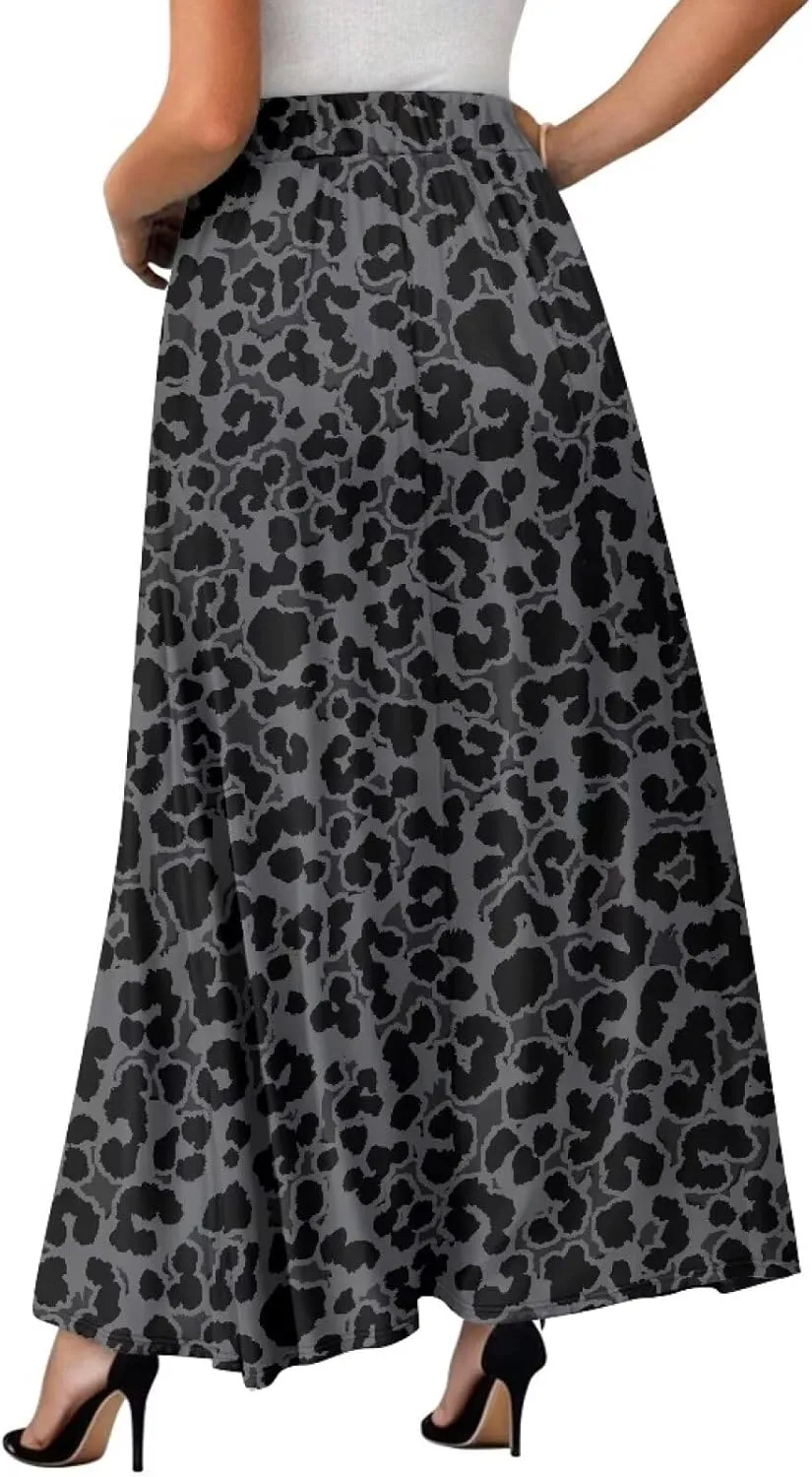Women Elastic High Waist Skirt A-Line Pleated Swing Flowy Maxi Long Skirt Dress with Pockets Size S-2XL