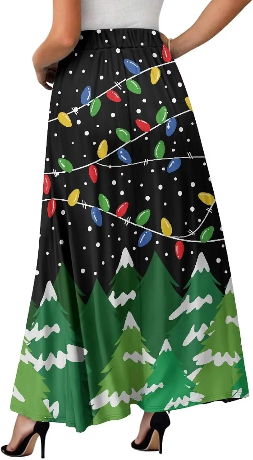 Women Elastic High Waist Skirt A-Line Pleated Swing Flowy Maxi Long Skirt Dress with Pockets Size S-2XL