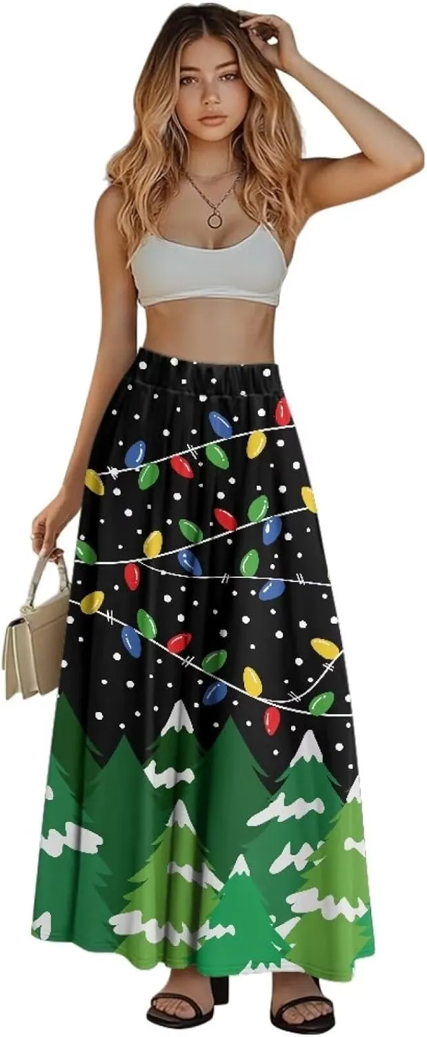 Women Elastic High Waist Skirt A-Line Pleated Swing Flowy Maxi Long Skirt Dress with Pockets Size S-2XL