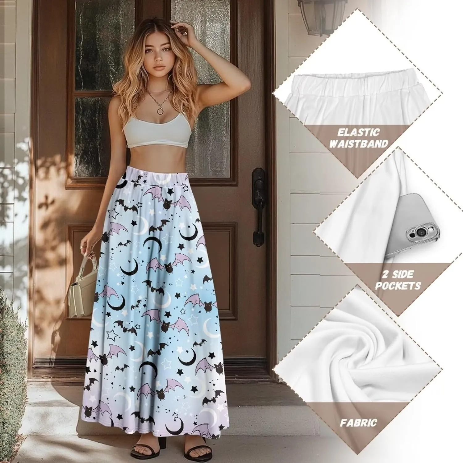 Women Elastic High Waist Skirt A-Line Pleated Swing Flowy Maxi Long Skirt Dress with Pockets Size S-2XL
