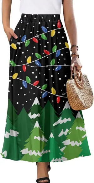 Women Elastic High Waist Skirt A-Line Pleated Swing Flowy Maxi Long Skirt Dress with Pockets Size S-2XL