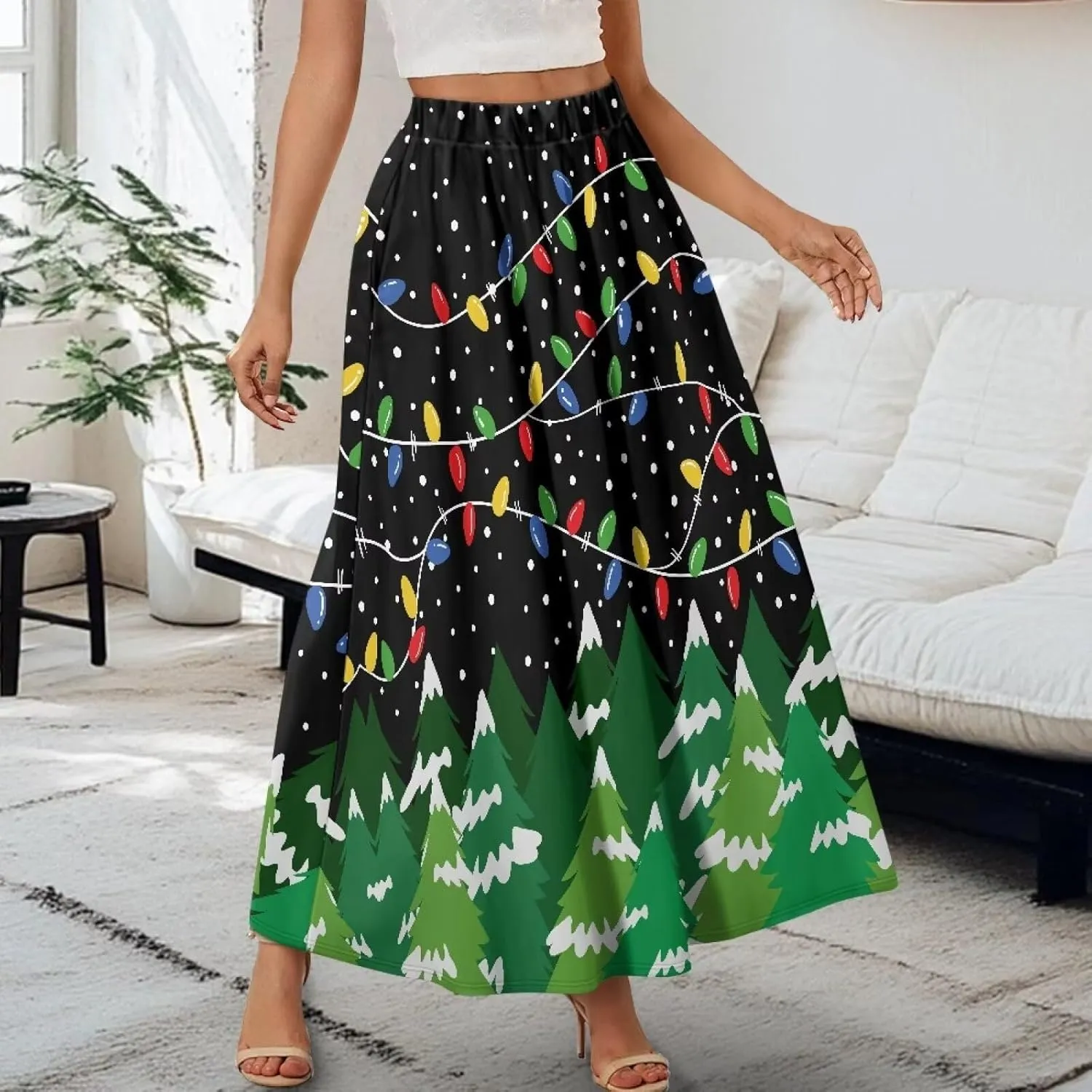 Women Elastic High Waist Skirt A-Line Pleated Swing Flowy Maxi Long Skirt Dress with Pockets Size S-2XL