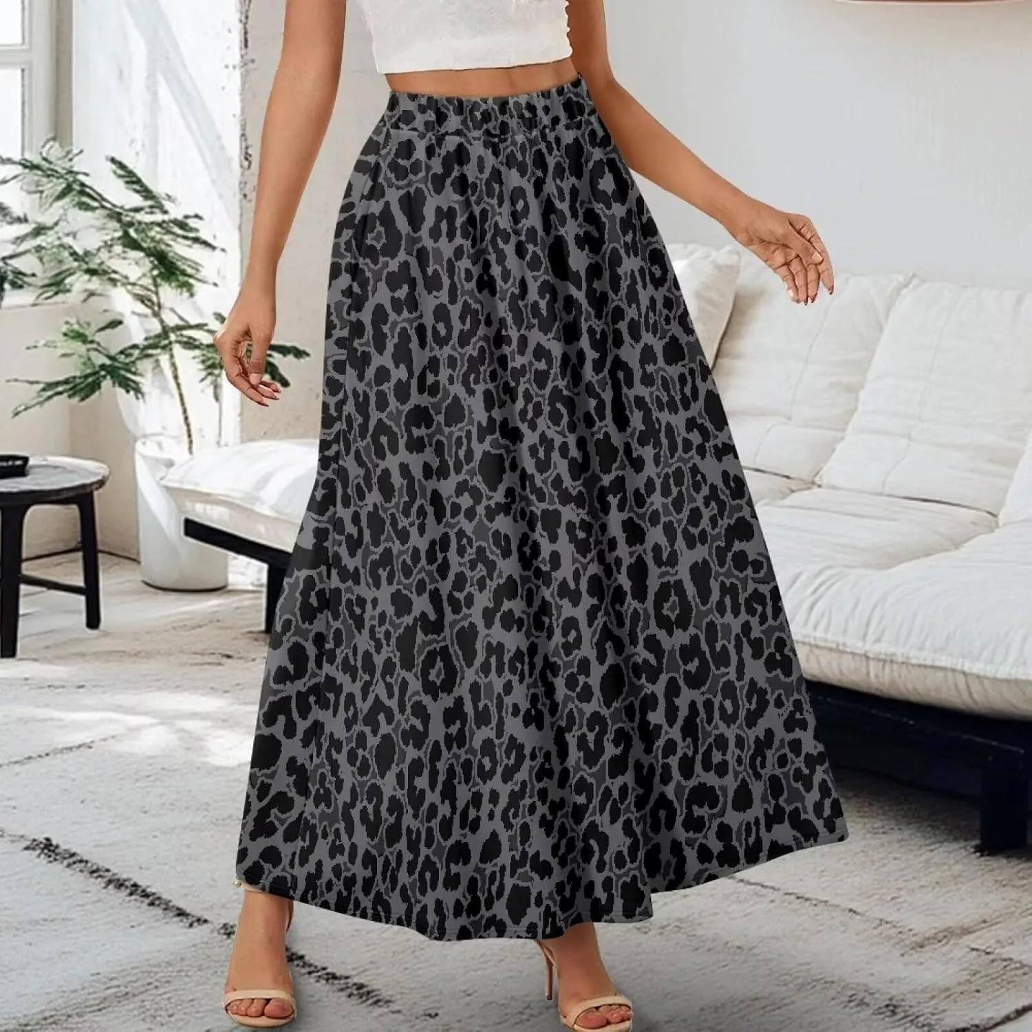 Women Elastic High Waist Skirt A-Line Pleated Swing Flowy Maxi Long Skirt Dress with Pockets Size S-2XL