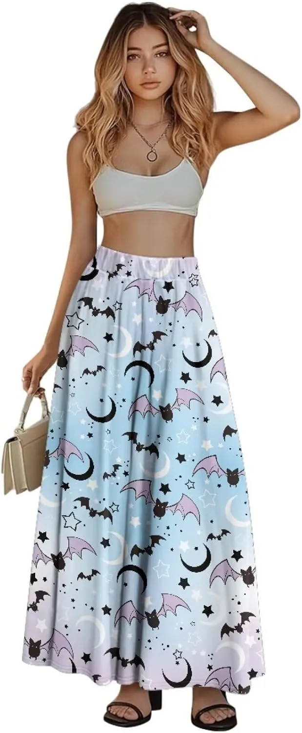 Women Elastic High Waist Skirt A-Line Pleated Swing Flowy Maxi Long Skirt Dress with Pockets Size S-2XL