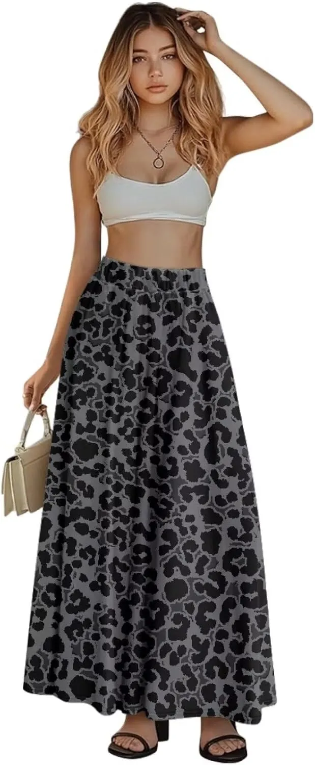 Women Elastic High Waist Skirt A-Line Pleated Swing Flowy Maxi Long Skirt Dress with Pockets Size S-2XL