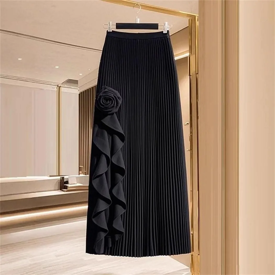 Women Elegant Irregular Pleated A-Line Skirt Elastic High Waist Ruffle Casual Party Flower Skirts
