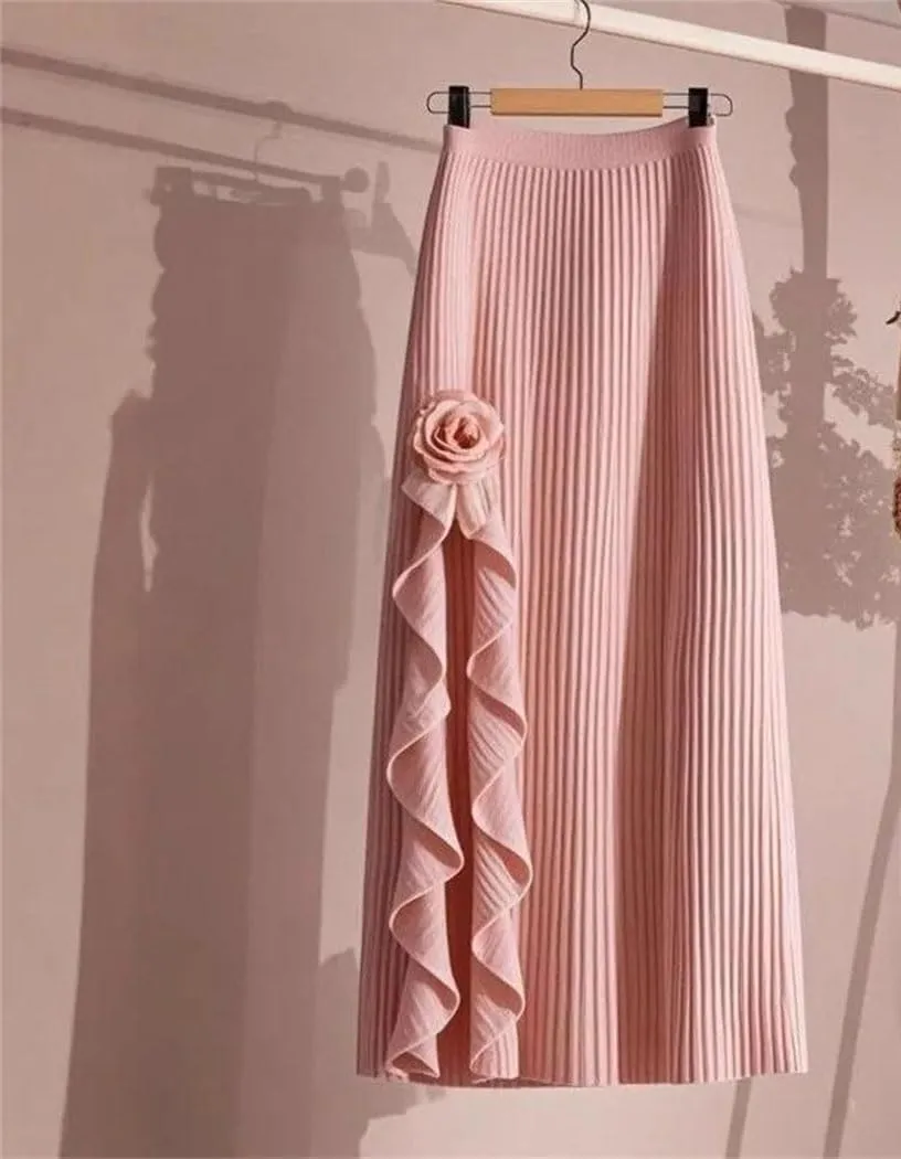 Women Elegant Irregular Pleated A-Line Skirt Elastic High Waist Ruffle Casual Party Flower Skirts
