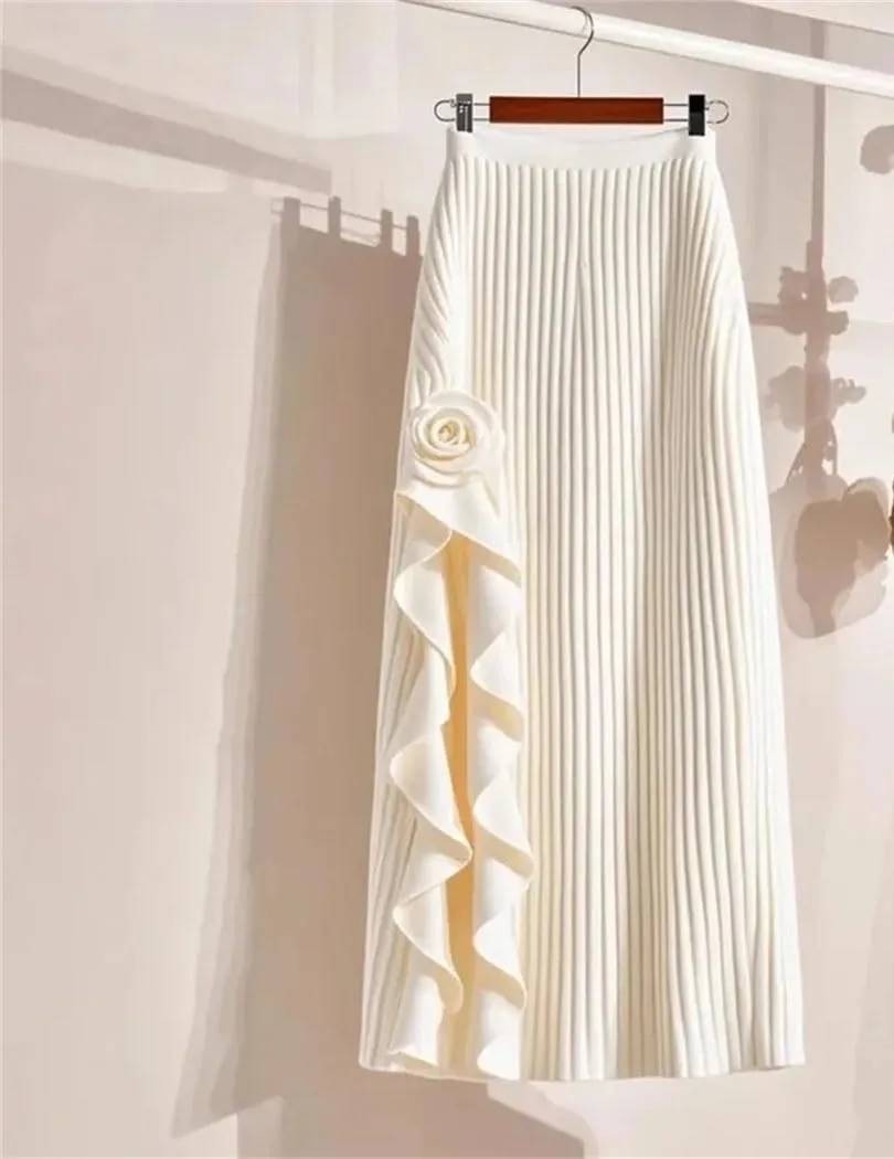 Women Elegant Irregular Pleated A-Line Skirt Elastic High Waist Ruffle Casual Party Flower Skirts