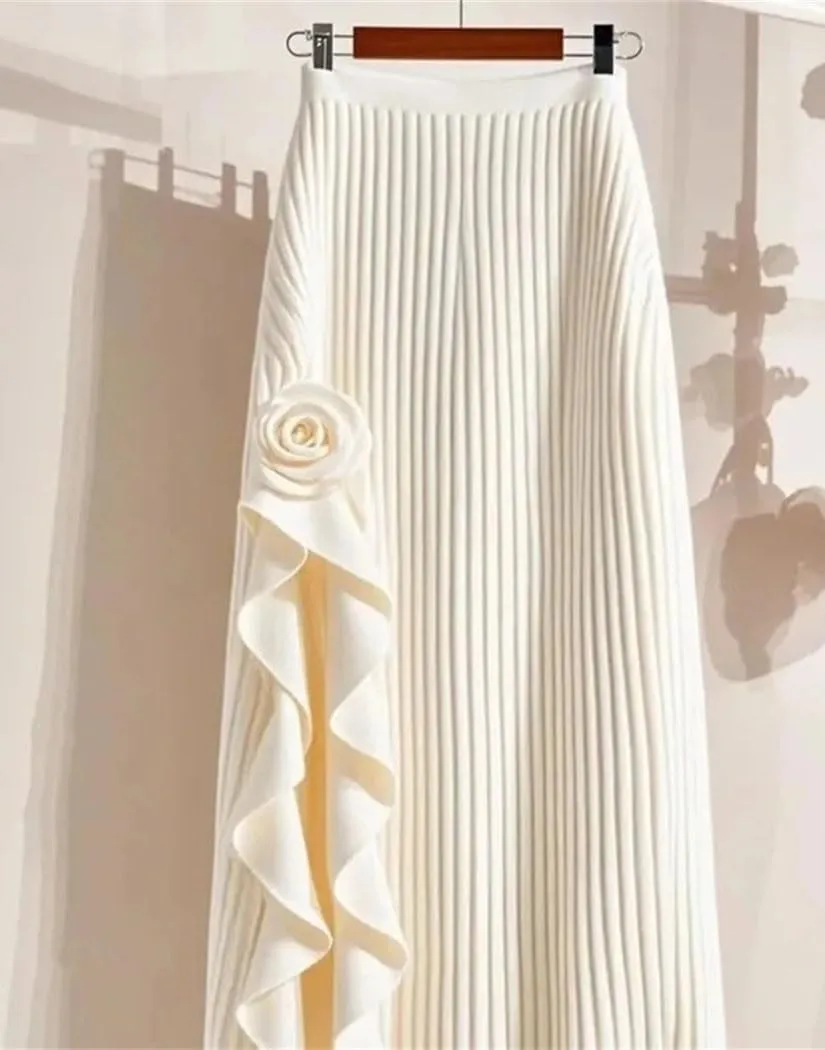 Women Elegant Irregular Pleated A-Line Skirt Elastic High Waist Ruffle Casual Party Flower Skirts
