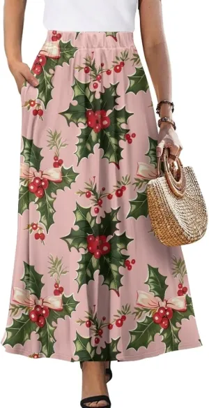 Women Flowy Long Skirts Summer Beach Pleated Elastic High Waisted Casual Maxi Skirts with Pockets Size S-2XL
