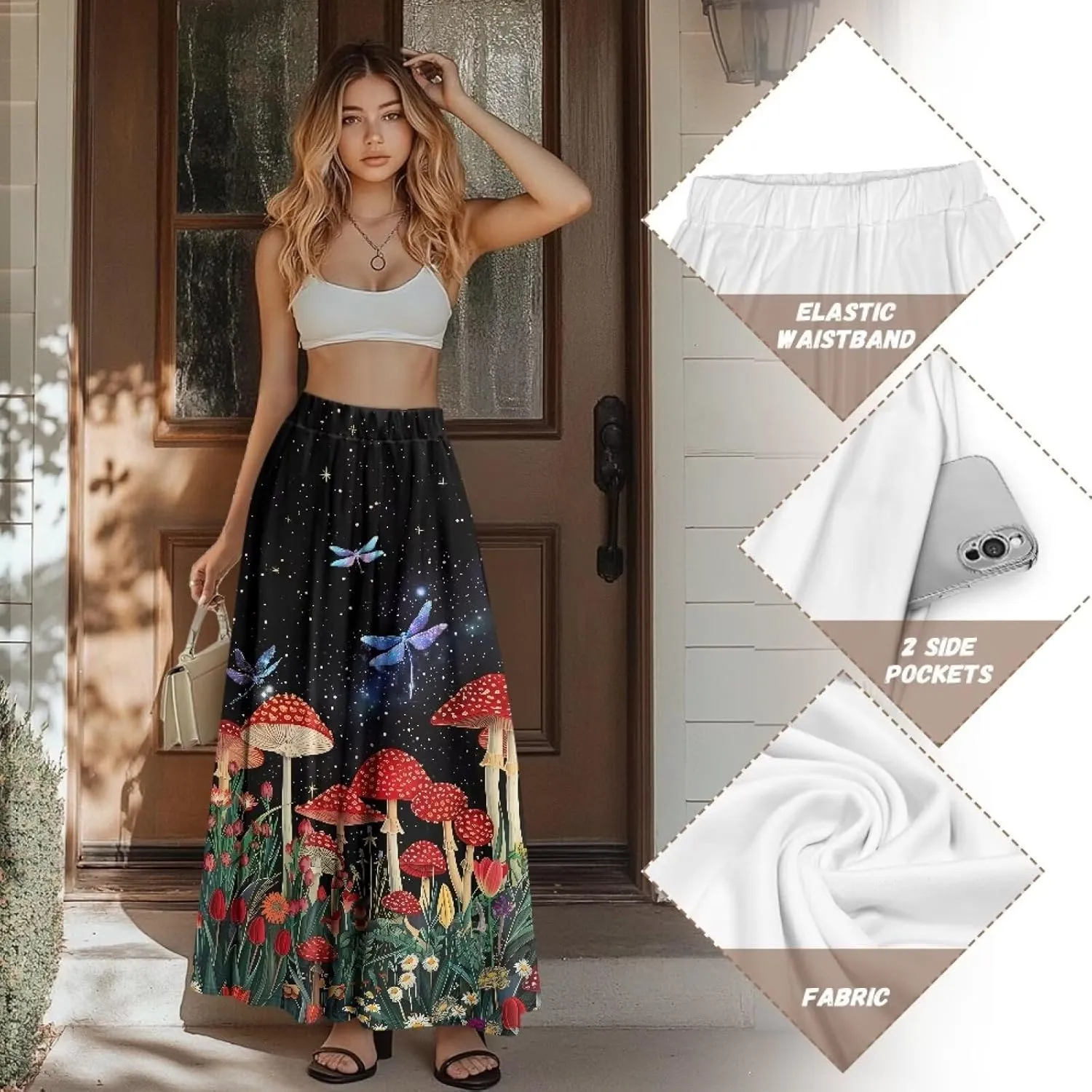 Women Flowy Long Skirts Summer Beach Pleated Elastic High Waisted Casual Maxi Skirts with Pockets Size S-2XL