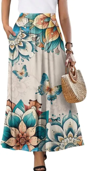 Women Flowy Long Skirts Summer Beach Pleated Elastic High Waisted Casual Maxi Skirts with Pockets Size S-2XL