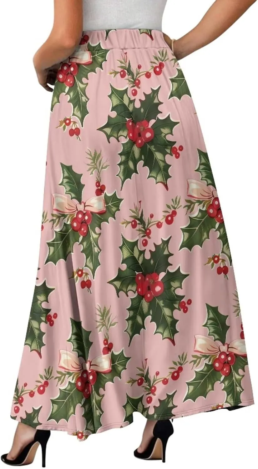 Women Flowy Long Skirts Summer Beach Pleated Elastic High Waisted Casual Maxi Skirts with Pockets Size S-2XL