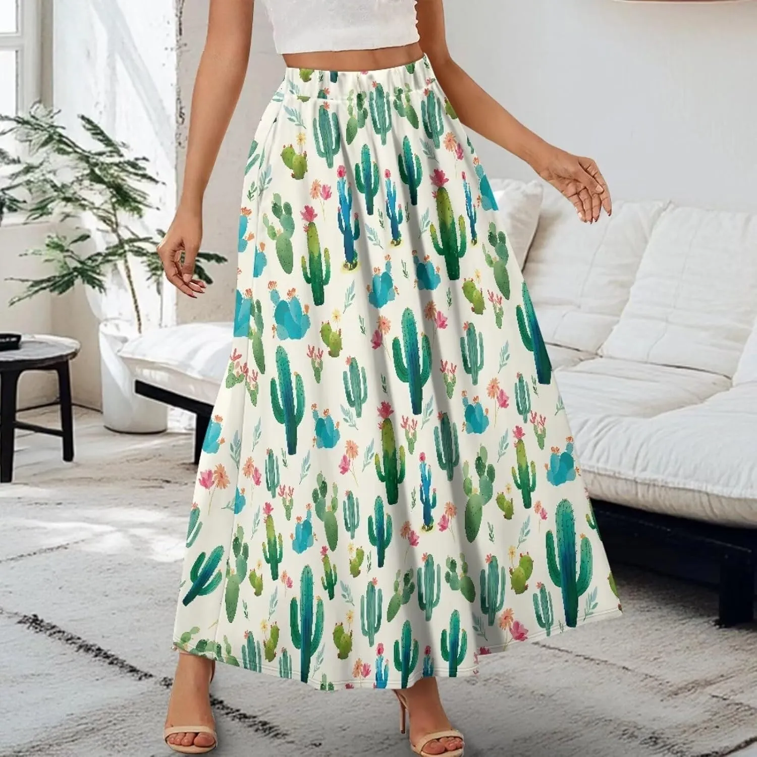 Women Flowy Long Skirts Summer Beach Pleated Elastic High Waisted Casual Maxi Skirts with Pockets Size S-2XL