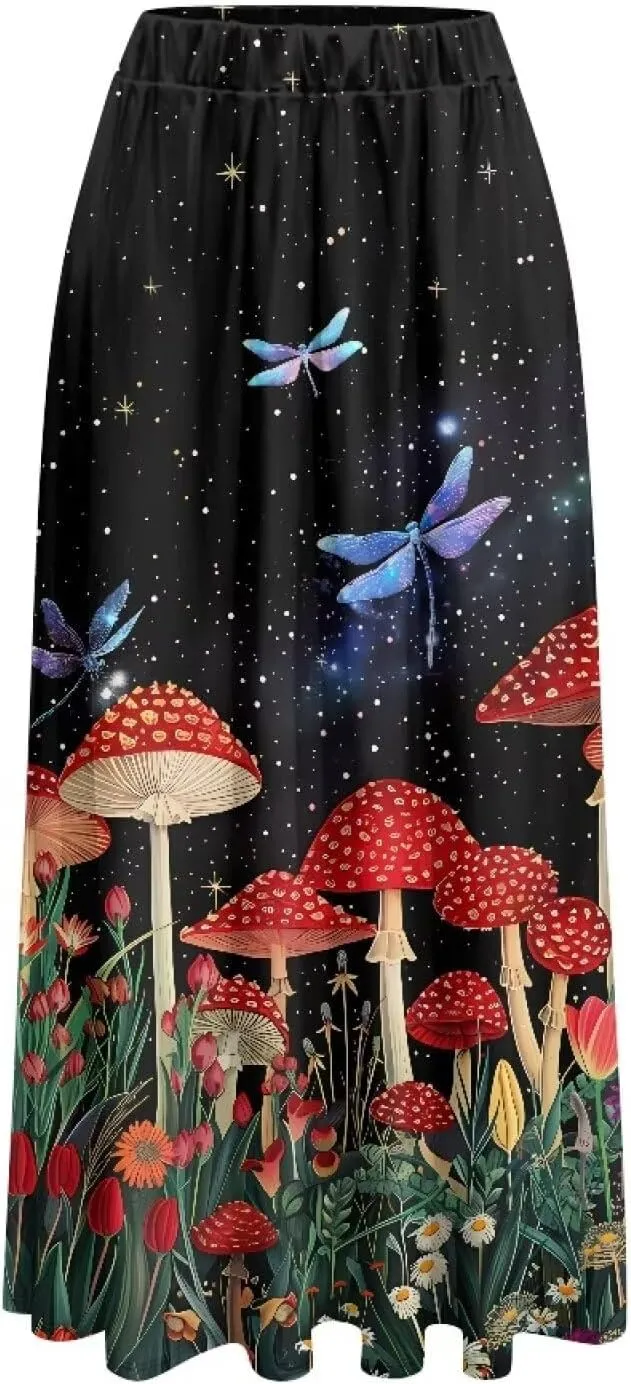 Women Flowy Long Skirts Summer Beach Pleated Elastic High Waisted Casual Maxi Skirts with Pockets Size S-2XL