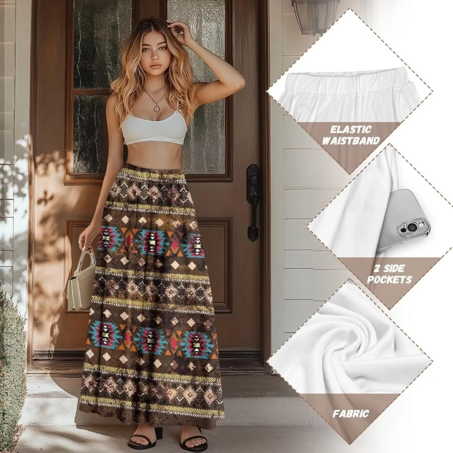 Women Flowy Long Skirts Summer Beach Pleated Elastic High Waisted Casual Maxi Skirts with Pockets Size S-2XL