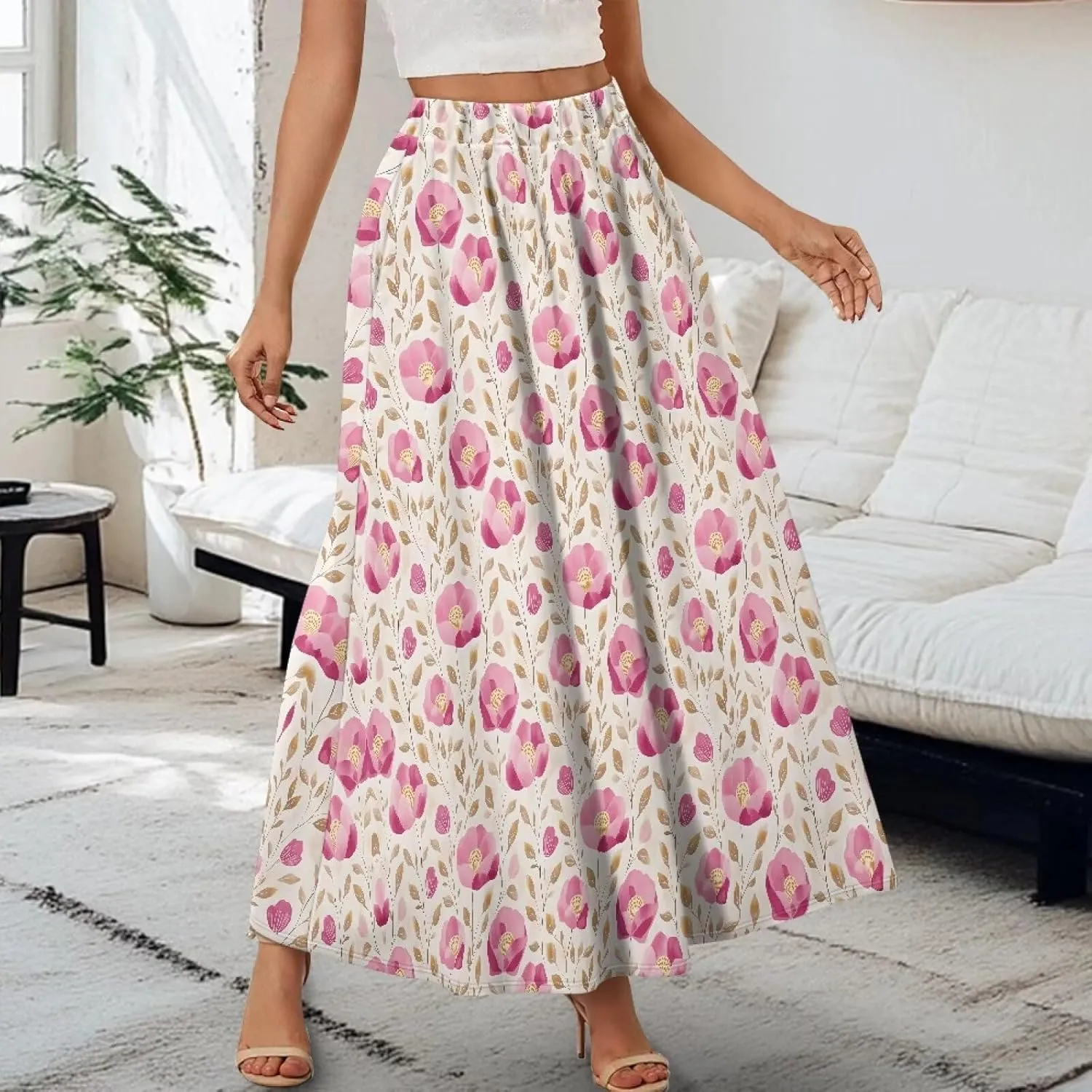 Women Flowy Long Skirts Summer Beach Pleated Elastic High Waisted Casual Maxi Skirts with Pockets Size S-2XL