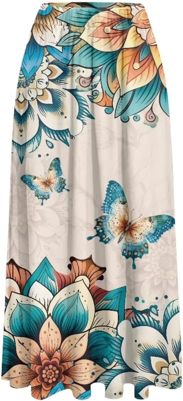 Women Flowy Long Skirts Summer Beach Pleated Elastic High Waisted Casual Maxi Skirts with Pockets Size S-2XL