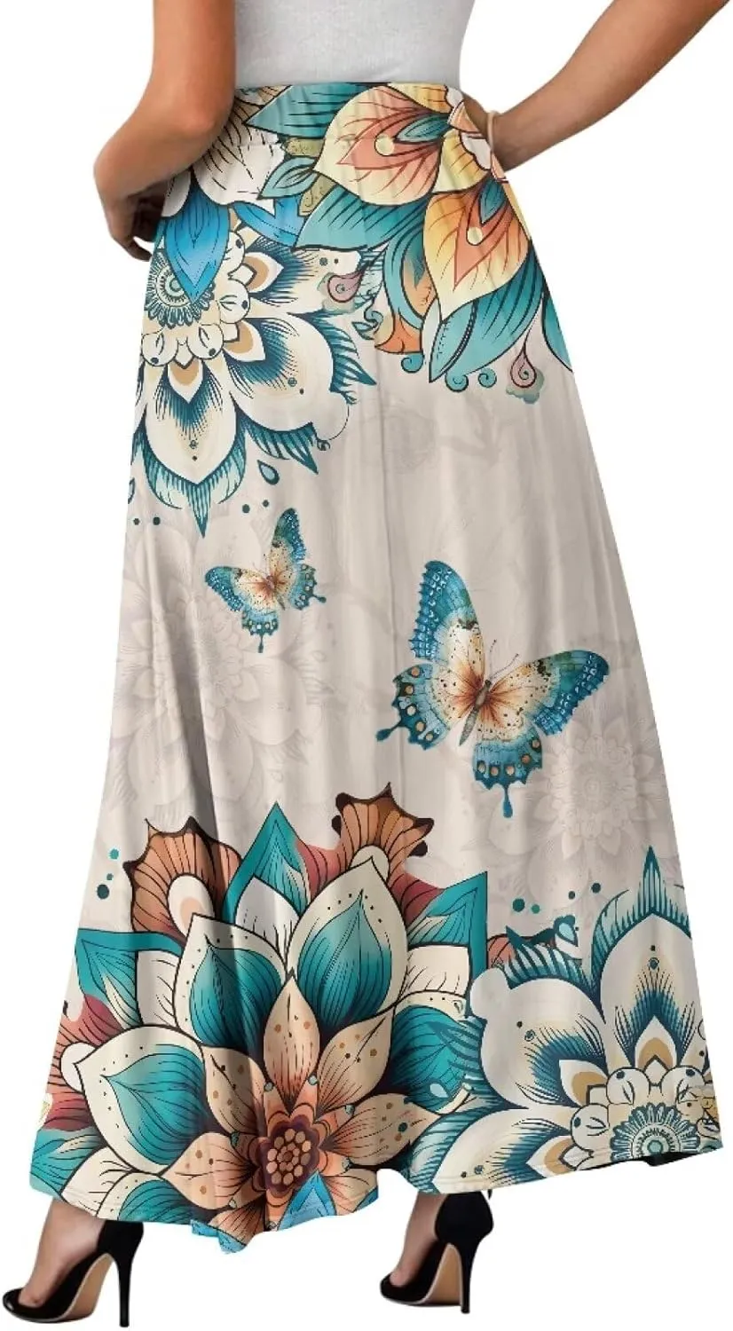 Women Flowy Long Skirts Summer Beach Pleated Elastic High Waisted Casual Maxi Skirts with Pockets Size S-2XL