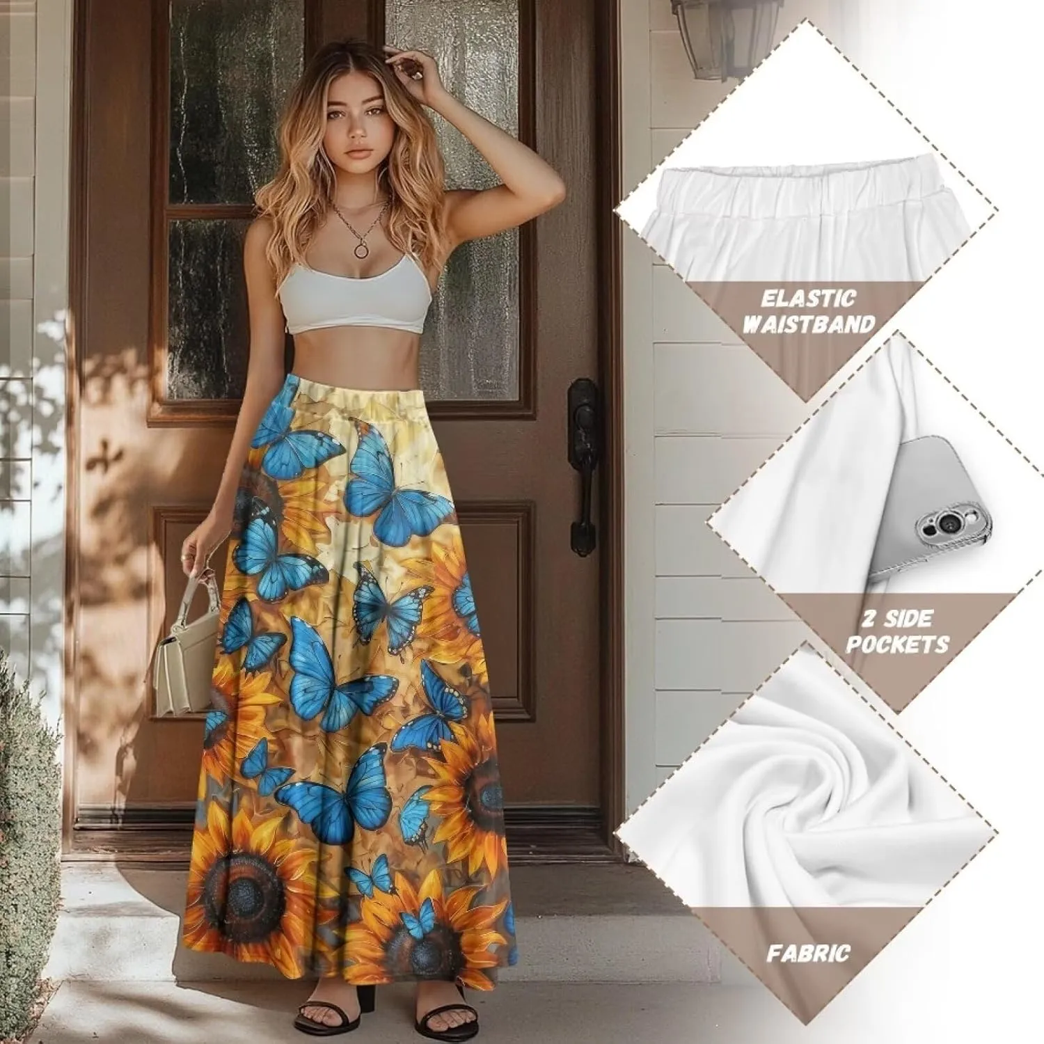 Women Flowy Long Skirts Summer Beach Pleated Elastic High Waisted Casual Maxi Skirts with Pockets Size S-2XL