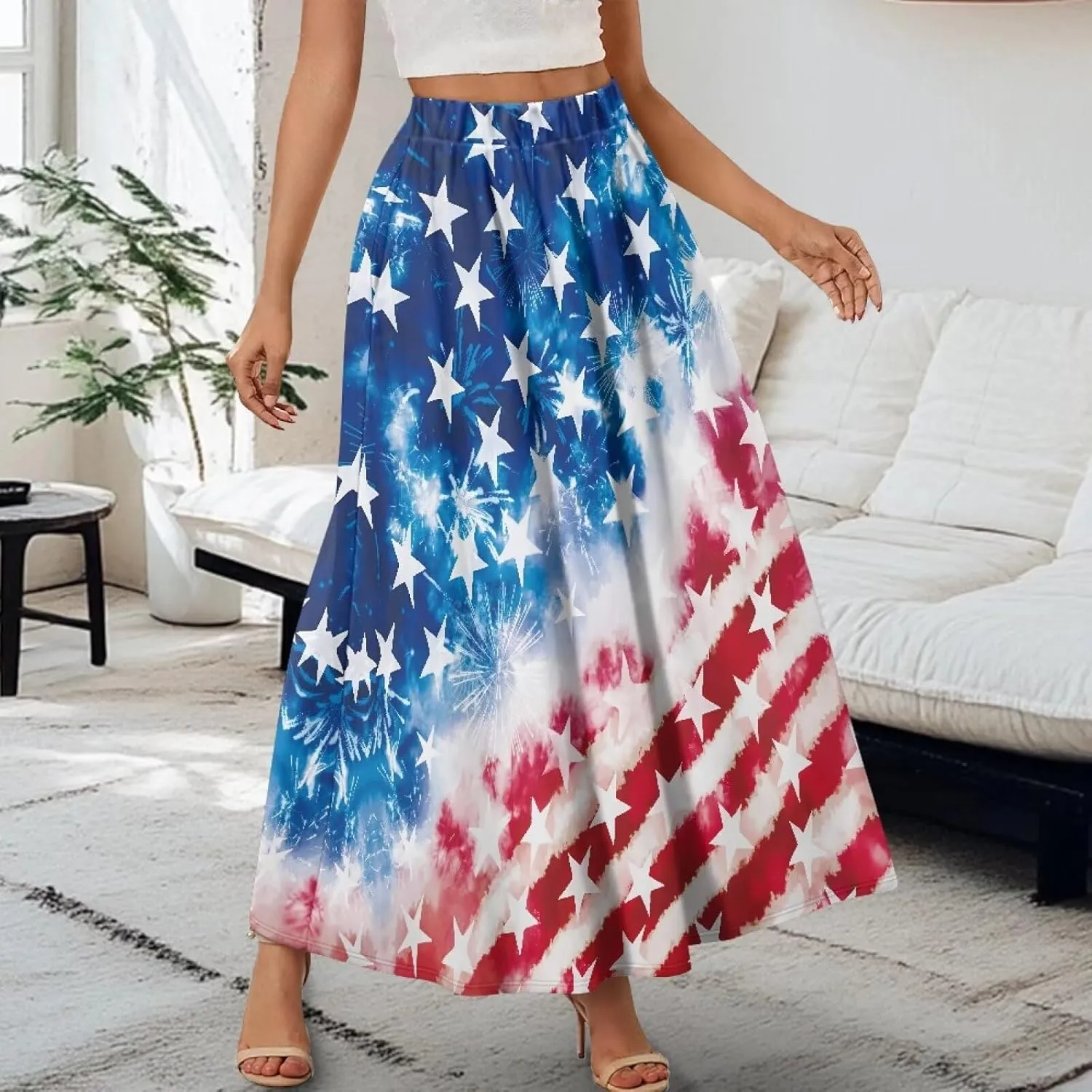 Women Flowy Long Skirts Summer Beach Pleated Elastic High Waisted Casual Maxi Skirts with Pockets Size S-2XL