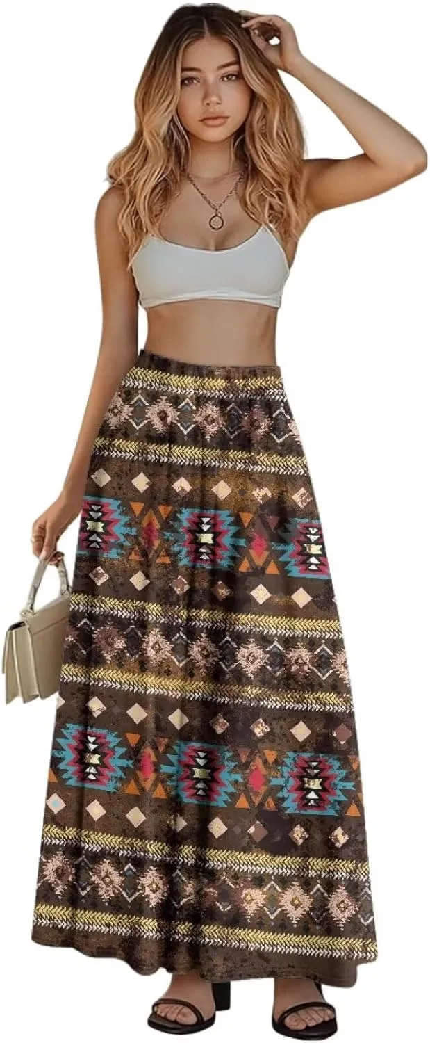 Women Flowy Long Skirts Summer Beach Pleated Elastic High Waisted Casual Maxi Skirts with Pockets Size S-2XL