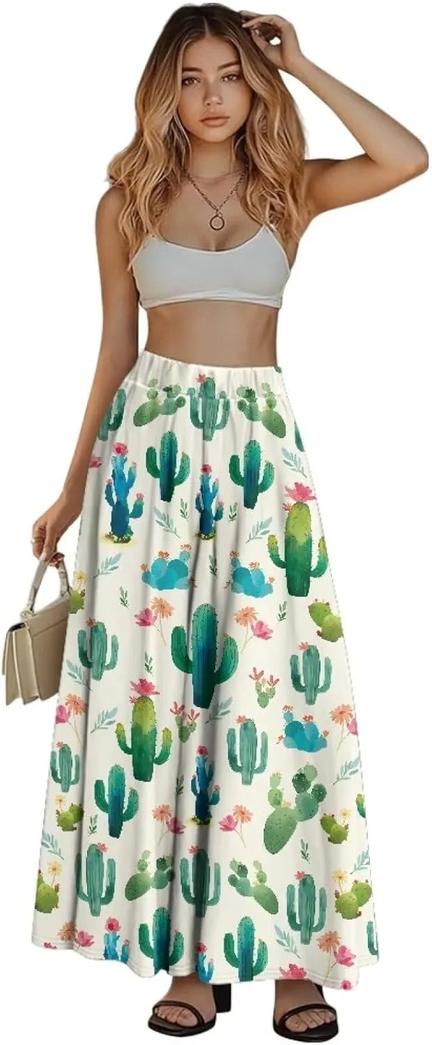 Women Flowy Long Skirts Summer Beach Pleated Elastic High Waisted Casual Maxi Skirts with Pockets Size S-2XL
