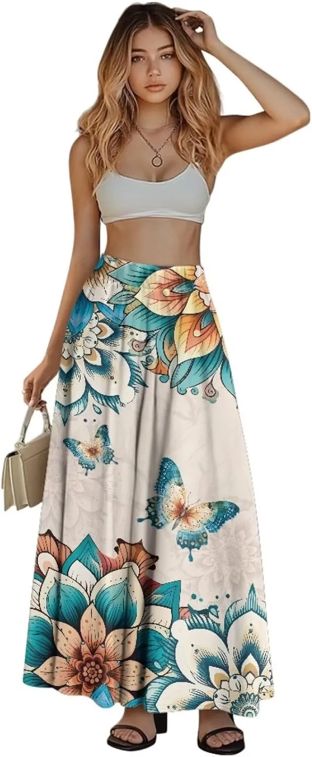 Women Flowy Long Skirts Summer Beach Pleated Elastic High Waisted Casual Maxi Skirts with Pockets Size S-2XL