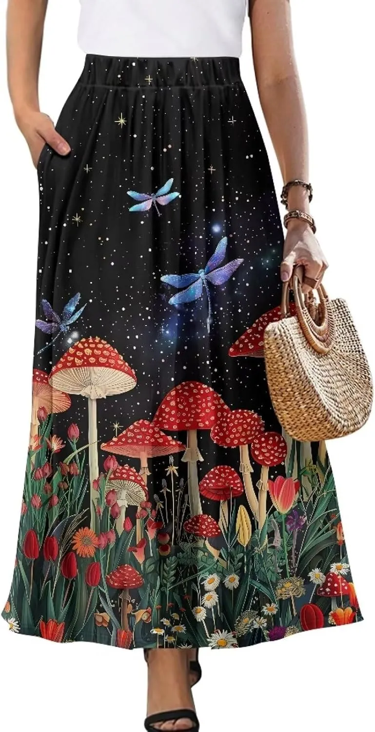Women Flowy Long Skirts Summer Beach Pleated Elastic High Waisted Casual Maxi Skirts with Pockets Size S-2XL