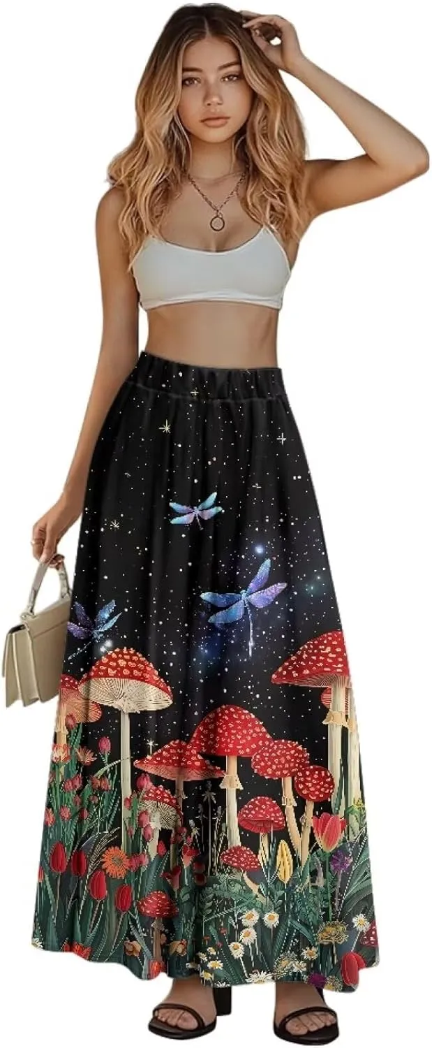 Women Flowy Long Skirts Summer Beach Pleated Elastic High Waisted Casual Maxi Skirts with Pockets Size S-2XL