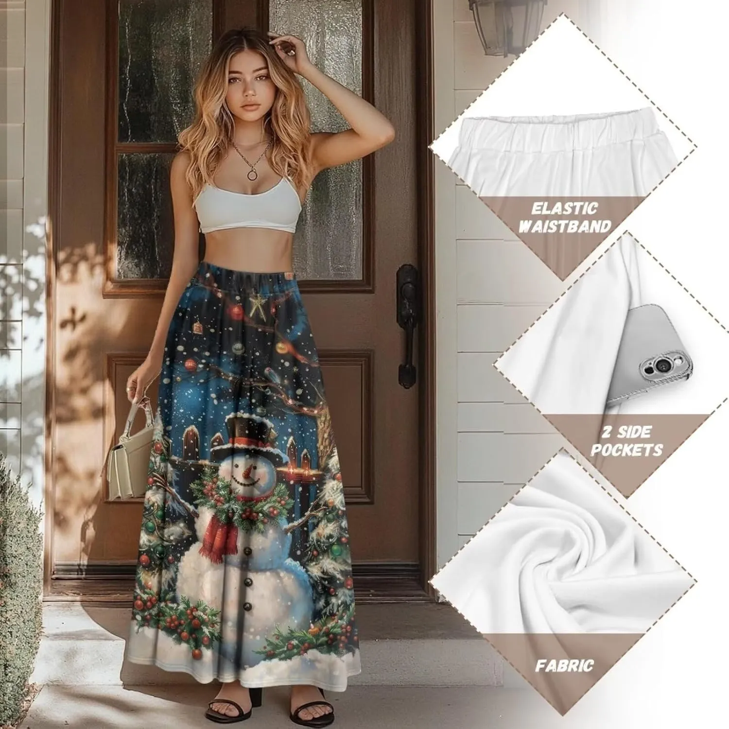 Women Flowy Long Skirts Summer Beach Pleated Elastic High Waisted Casual Maxi Skirts with Pockets Size S-2XL