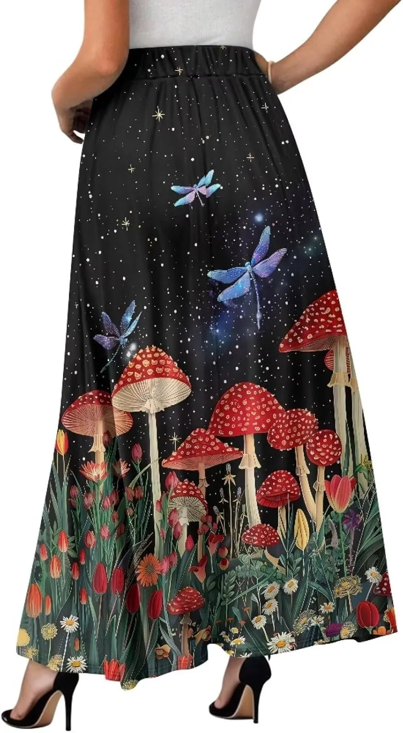 Women Flowy Long Skirts Summer Beach Pleated Elastic High Waisted Casual Maxi Skirts with Pockets Size S-2XL