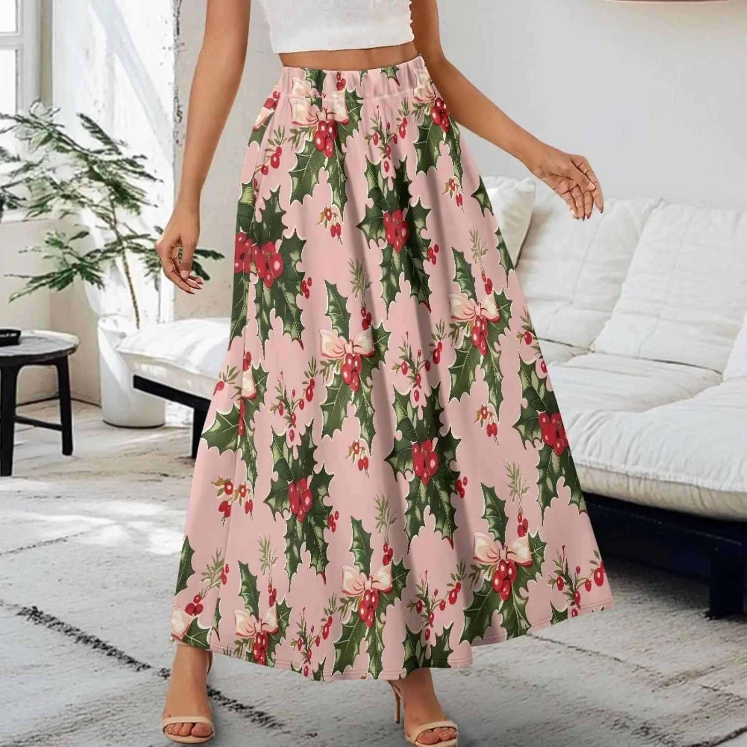 Women Flowy Long Skirts Summer Beach Pleated Elastic High Waisted Casual Maxi Skirts with Pockets Size S-2XL