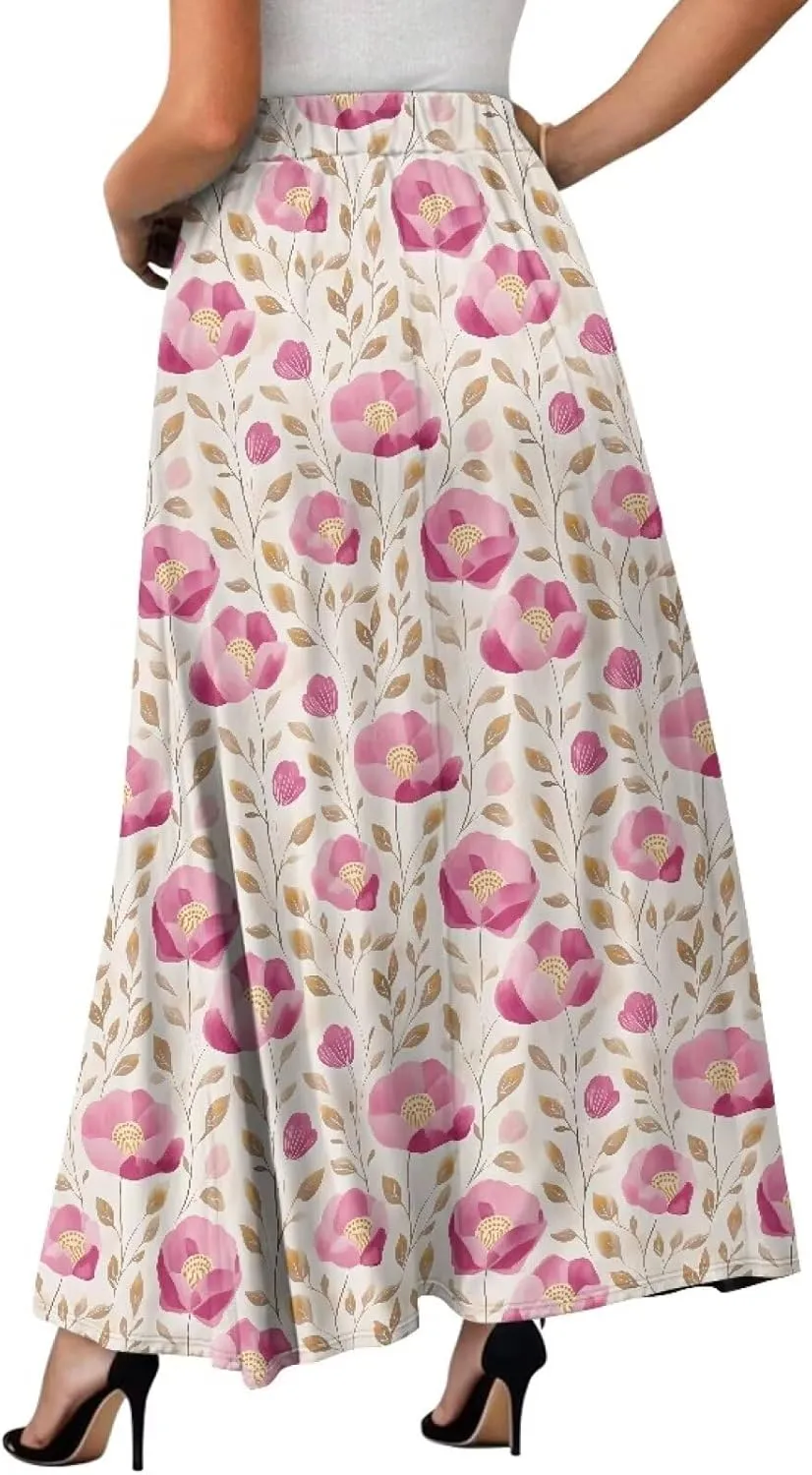 Women Flowy Long Skirts Summer Beach Pleated Elastic High Waisted Casual Maxi Skirts with Pockets Size S-2XL
