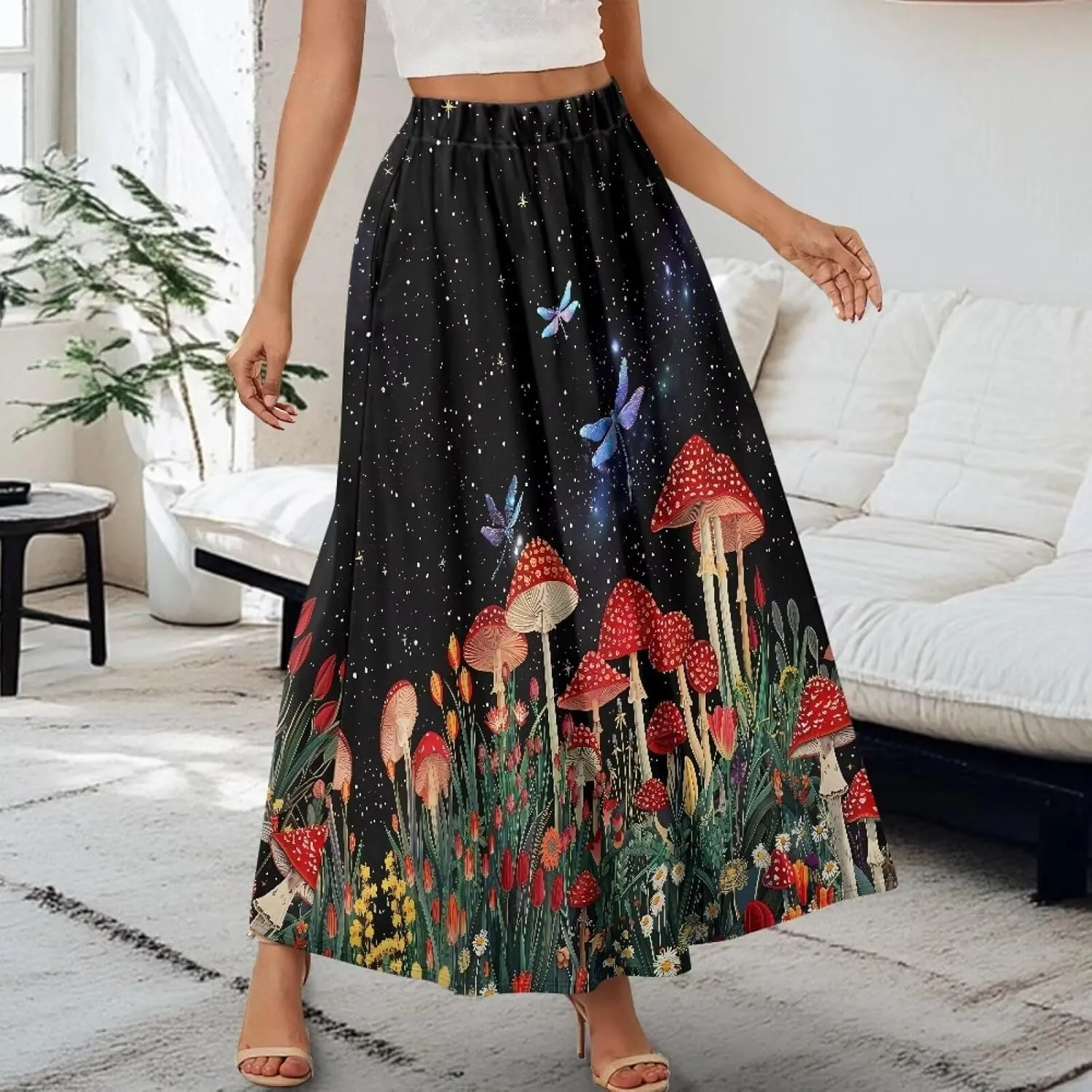 Women Flowy Long Skirts Summer Beach Pleated Elastic High Waisted Casual Maxi Skirts with Pockets Size S-2XL