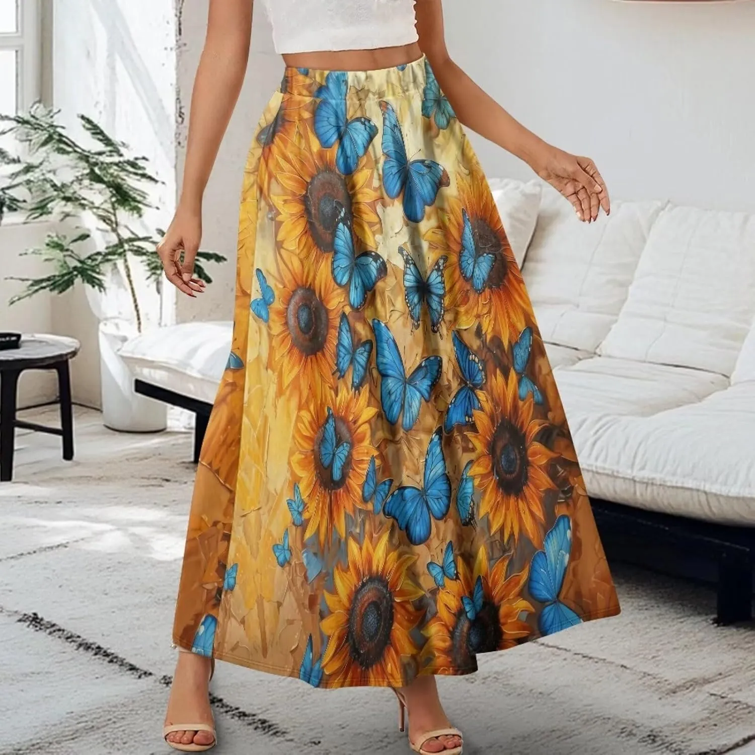 Women Flowy Long Skirts Summer Beach Pleated Elastic High Waisted Casual Maxi Skirts with Pockets Size S-2XL