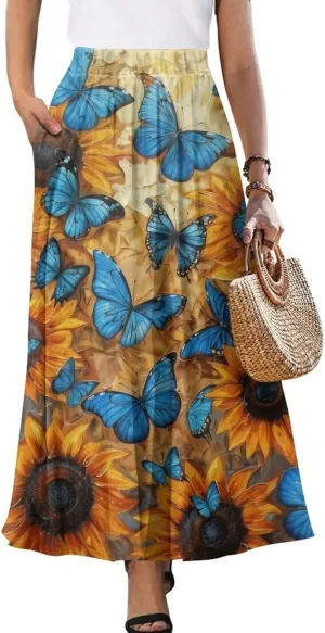 Women Flowy Long Skirts Summer Beach Pleated Elastic High Waisted Casual Maxi Skirts with Pockets Size S-2XL