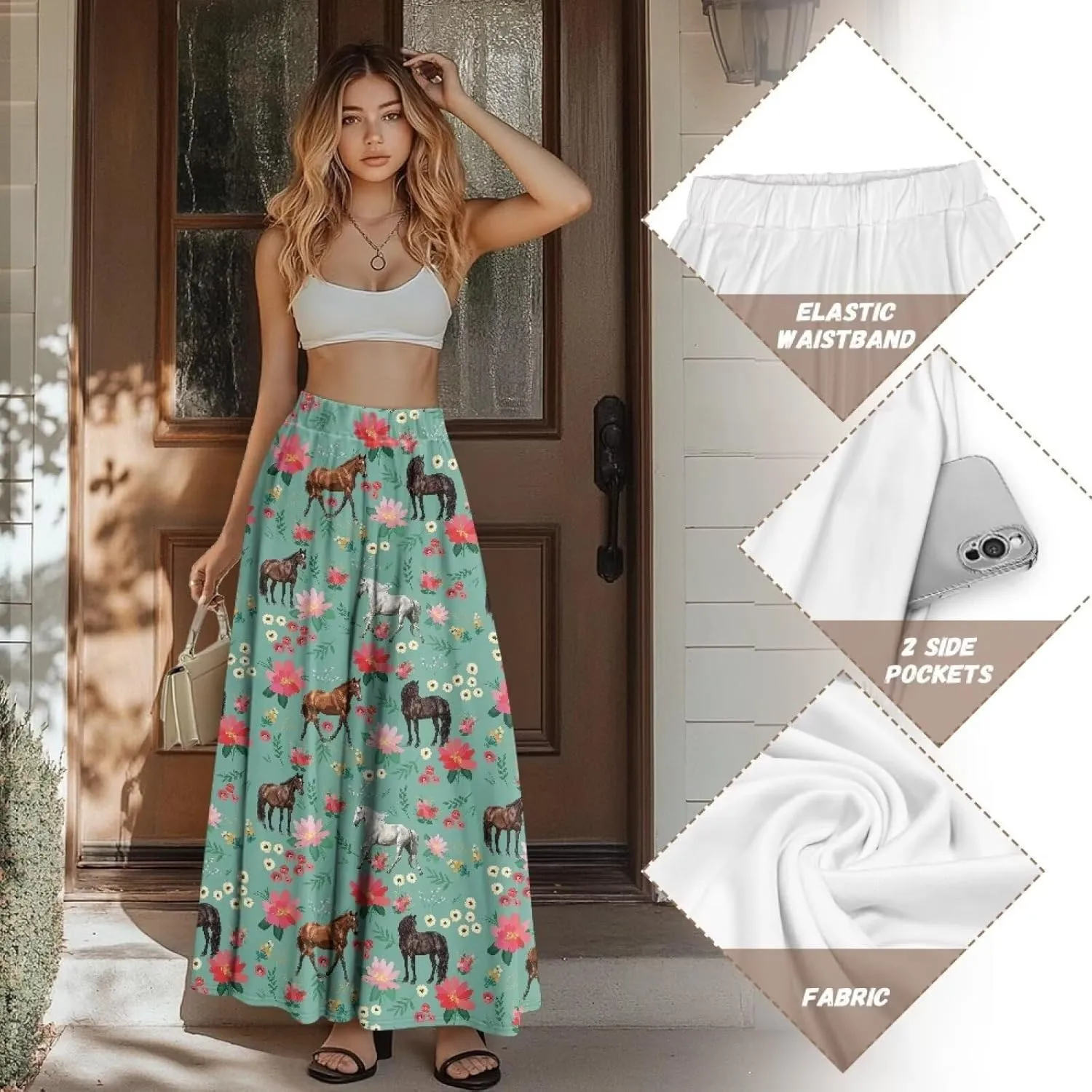 Women Flowy Long Skirts Summer Beach Pleated Elastic High Waisted Casual Maxi Skirts with Pockets Size S-2XL