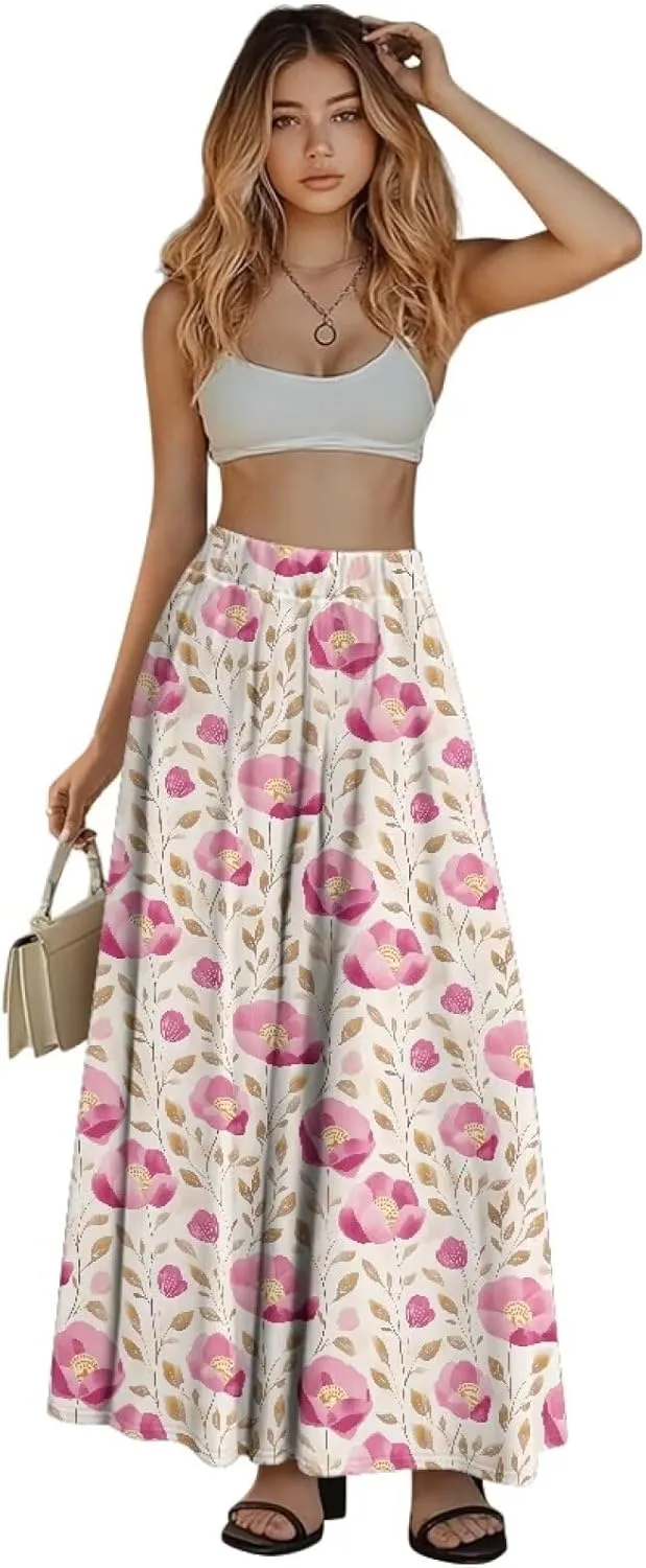 Women Flowy Long Skirts Summer Beach Pleated Elastic High Waisted Casual Maxi Skirts with Pockets Size S-2XL