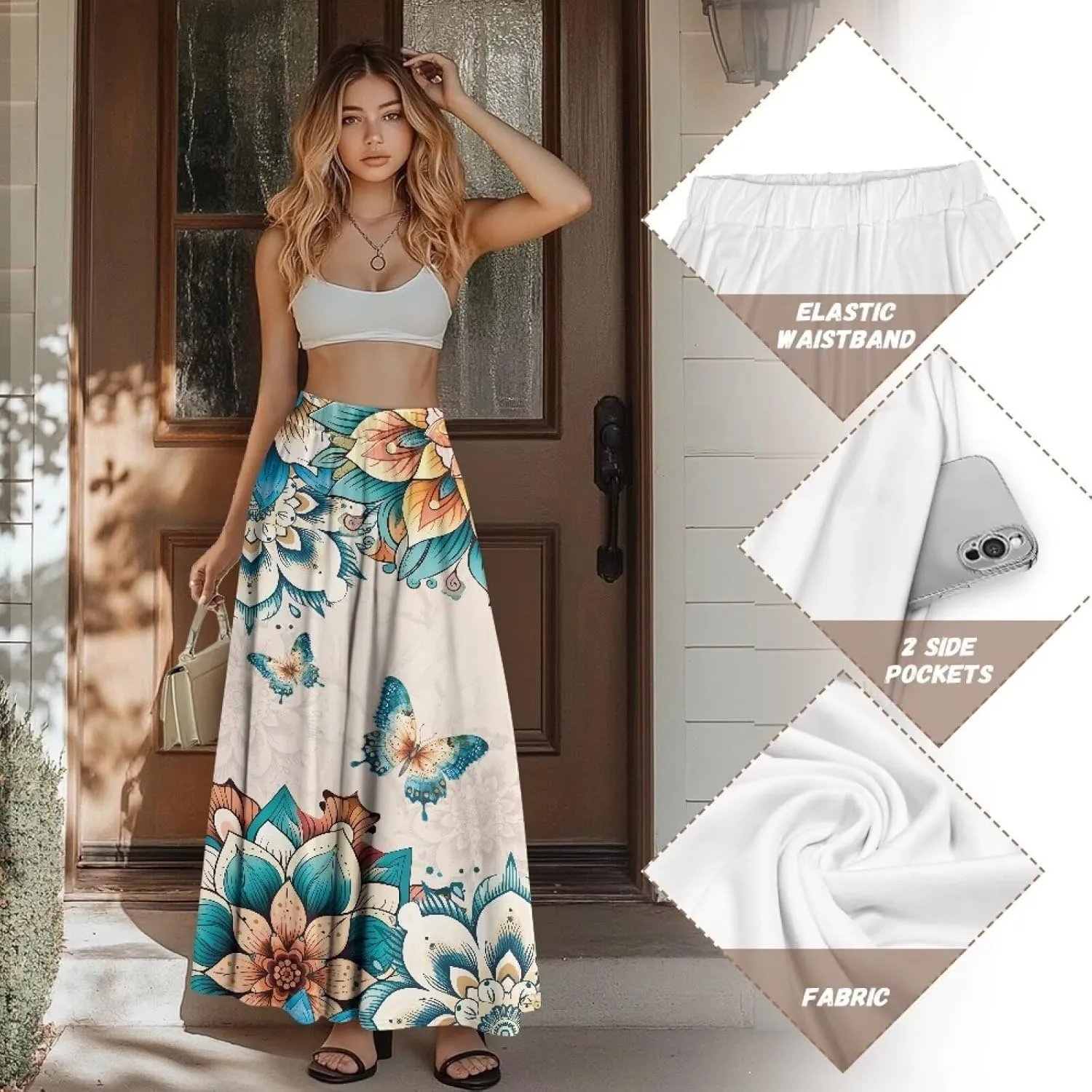 Women Flowy Long Skirts Summer Beach Pleated Elastic High Waisted Casual Maxi Skirts with Pockets Size S-2XL