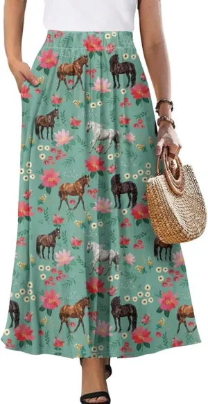 Women Flowy Long Skirts Summer Beach Pleated Elastic High Waisted Casual Maxi Skirts with Pockets Size S-2XL