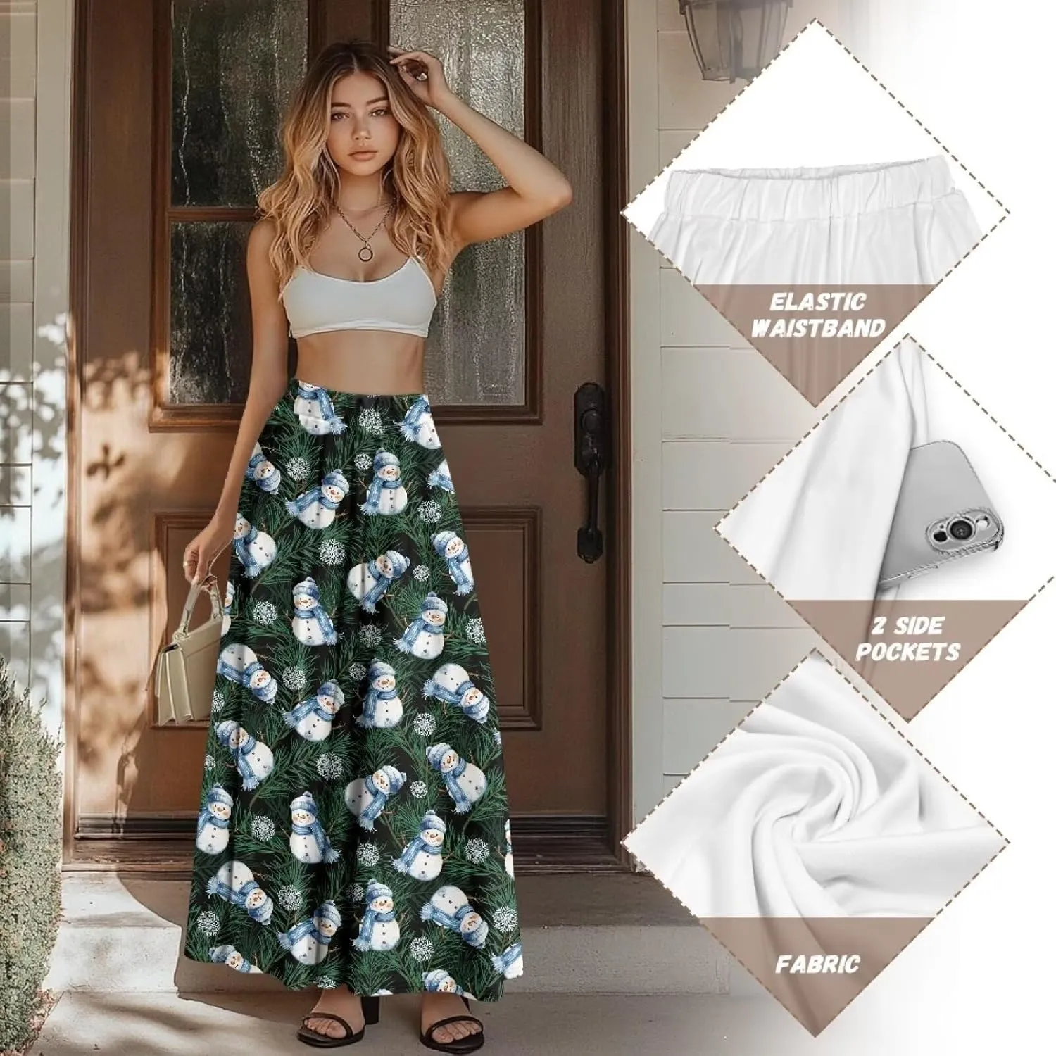 Women Flowy Long Skirts Summer Beach Pleated Elastic High Waisted Casual Maxi Skirts with Pockets Size S-2XL