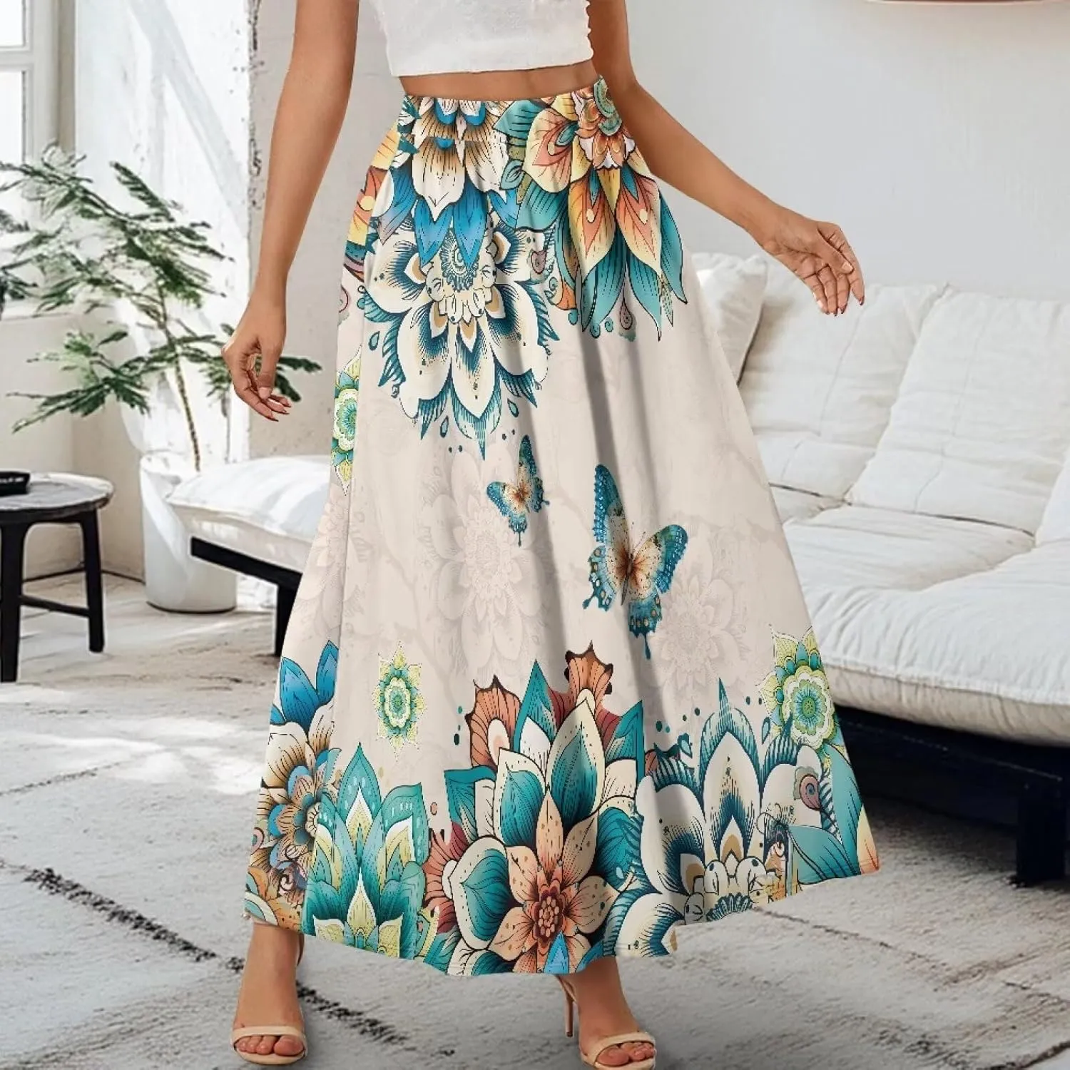 Women Flowy Long Skirts Summer Beach Pleated Elastic High Waisted Casual Maxi Skirts with Pockets Size S-2XL