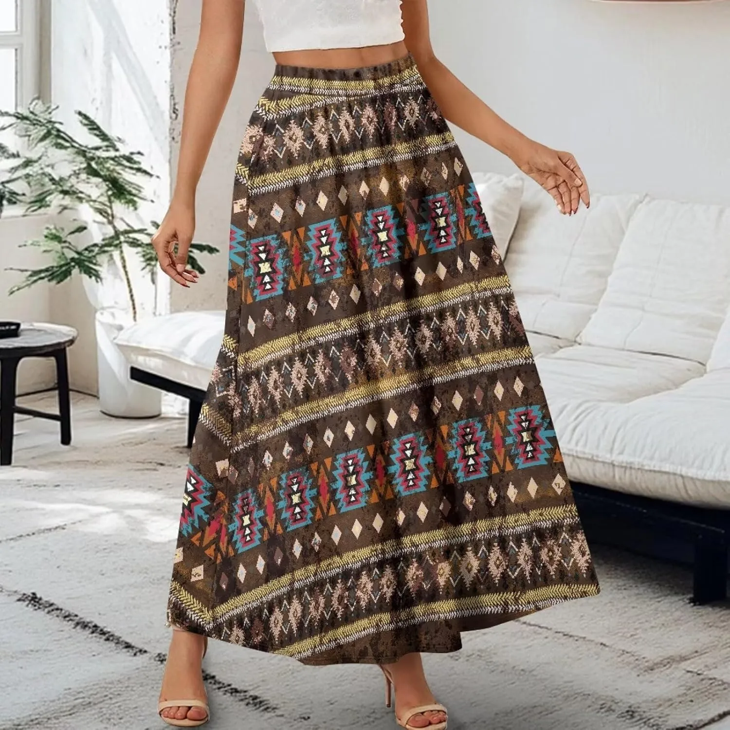 Women Flowy Long Skirts Summer Beach Pleated Elastic High Waisted Casual Maxi Skirts with Pockets Size S-2XL