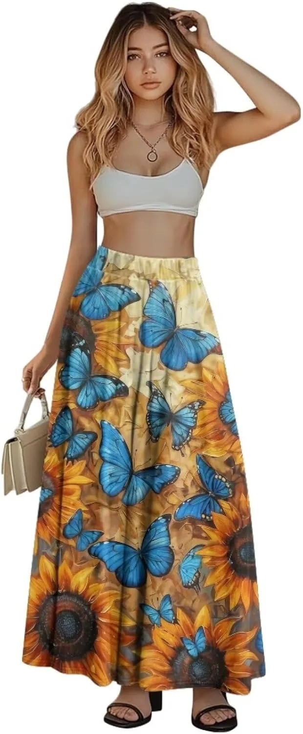 Women Flowy Long Skirts Summer Beach Pleated Elastic High Waisted Casual Maxi Skirts with Pockets Size S-2XL