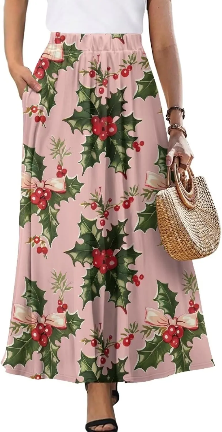 Women Flowy Long Skirts Summer Beach Pleated Elastic High Waisted Casual Maxi Skirts with Pockets Size S-2XL