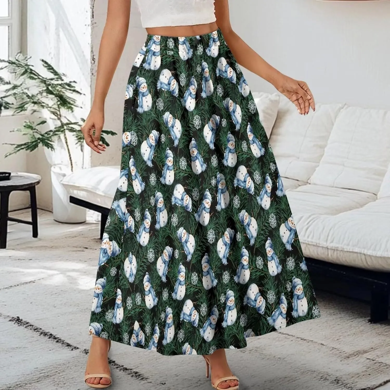 Women Flowy Long Skirts Summer Beach Pleated Elastic High Waisted Casual Maxi Skirts with Pockets Size S-2XL
