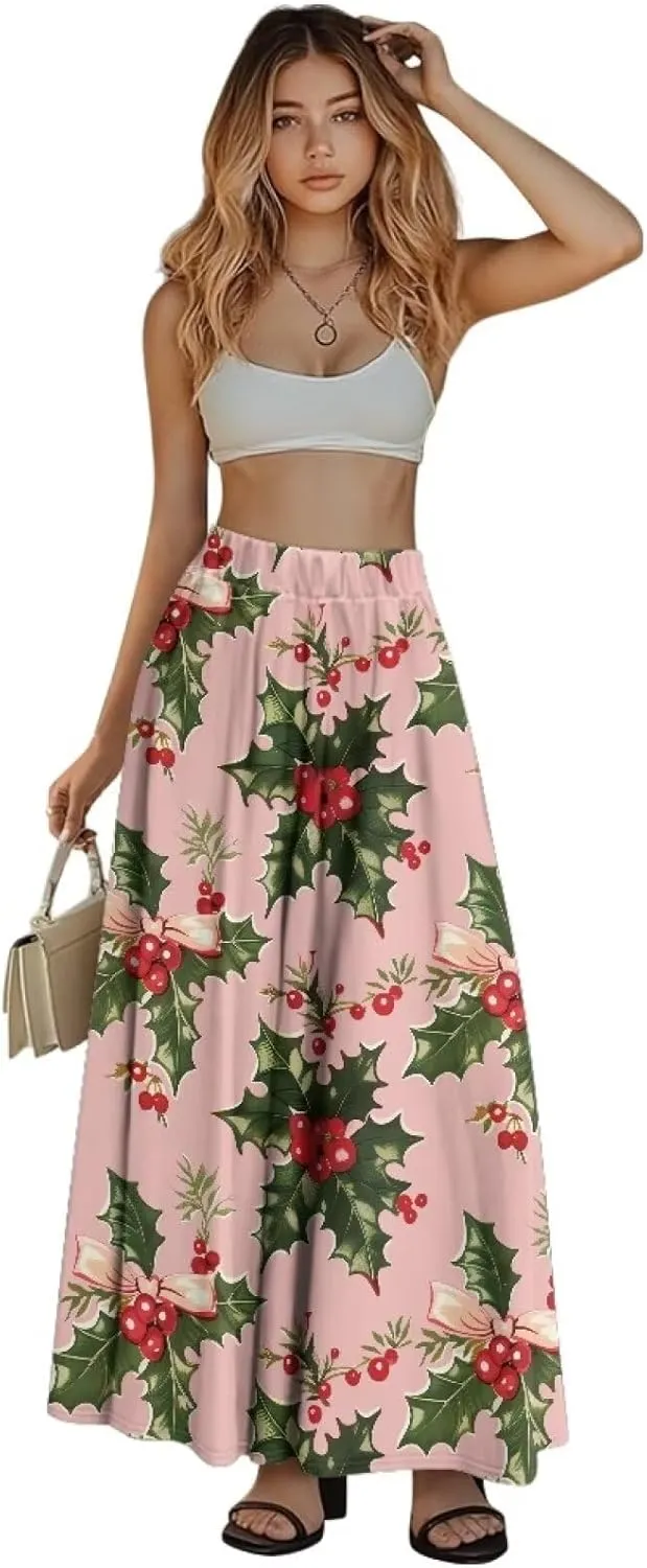 Women Flowy Long Skirts Summer Beach Pleated Elastic High Waisted Casual Maxi Skirts with Pockets Size S-2XL